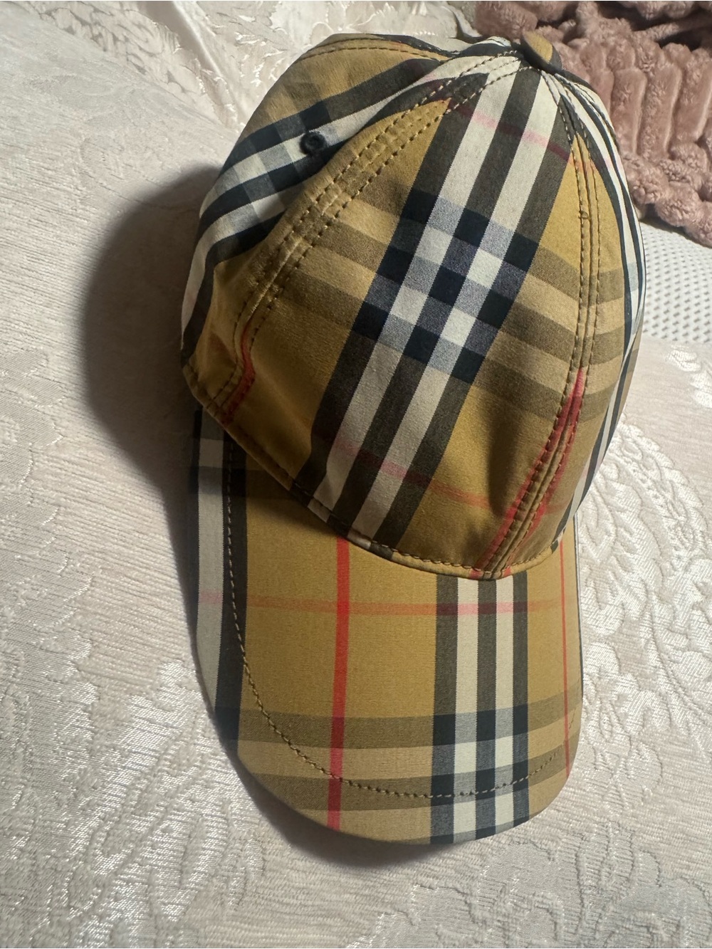 Burberry Tan Plaid Baseball Cap with Black & Red Accents